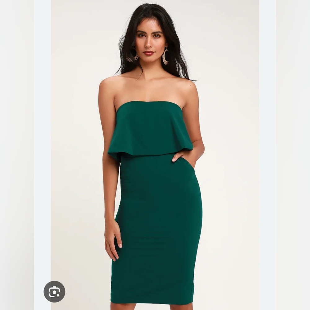 Lulus Lots of Love emerald green strapless midi dress